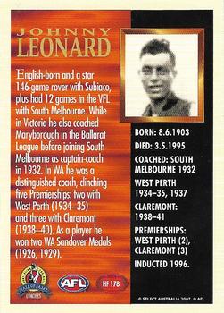 2007 Select AFL Supreme - Hall of Fame Series 3 #HF178 Johnny Leonard Back